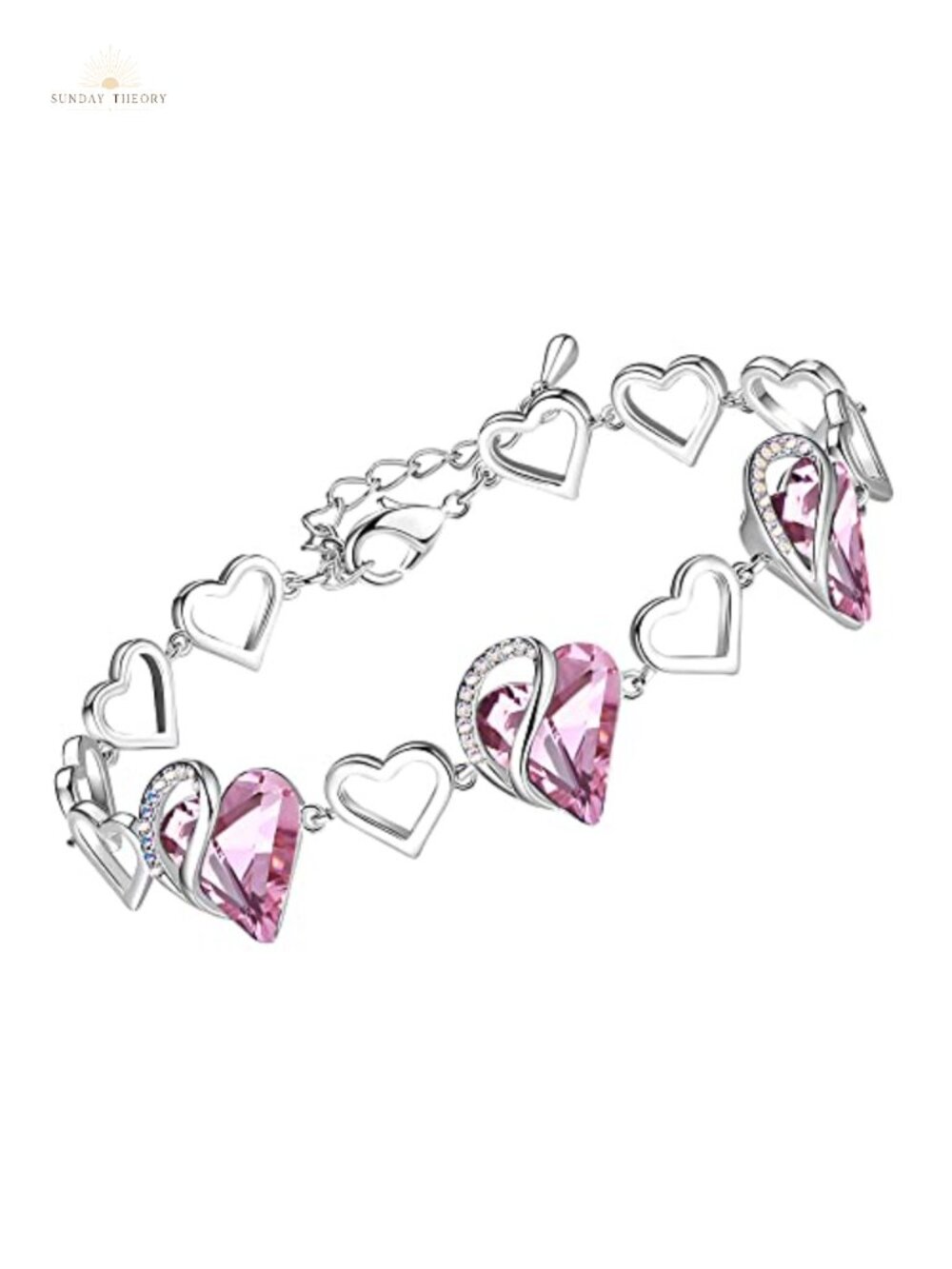 Silver Tone Rhodium Plated Crystal Heart Link Bracelet for Women